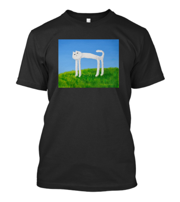 Skinny Cat Found Some Flowers Painting In Green Field T-Shirt