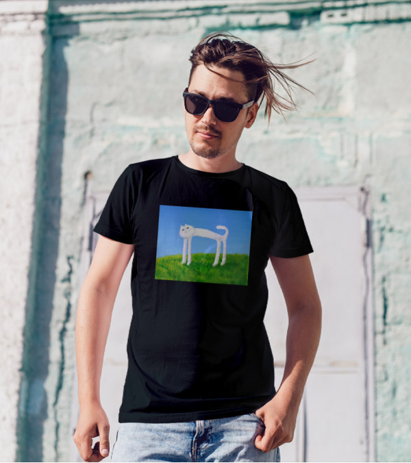 Skinny Cat Found Some Flowers Painting In Green Field T-Shirt