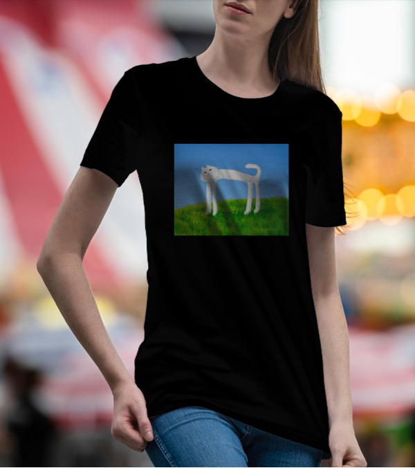 Skinny Cat Found Some Flowers Painting In Green Field T-Shirt