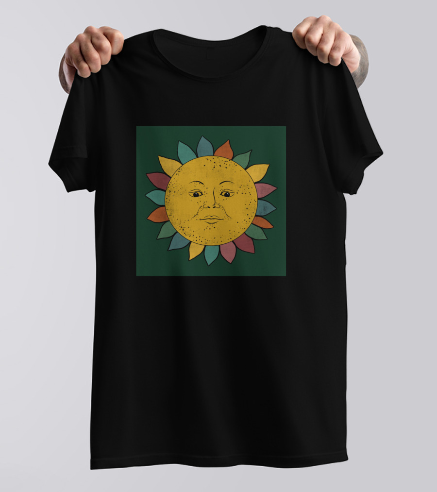 Teal Sun Vintage Yellow Face With Multicolored Sun Rays T-Shirt