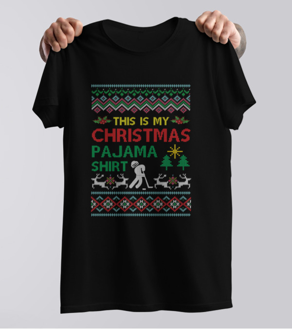This Is My Christmas Pajama Shirt Hockey Reindeer Trees Snowflakes T-Shirt