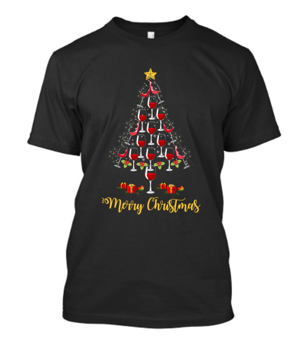 Merry Christmas Wine Glass Tree T-Shirt