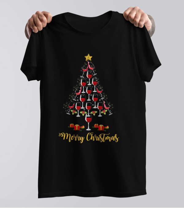 Merry Christmas Wine Glass Tree T-Shirt