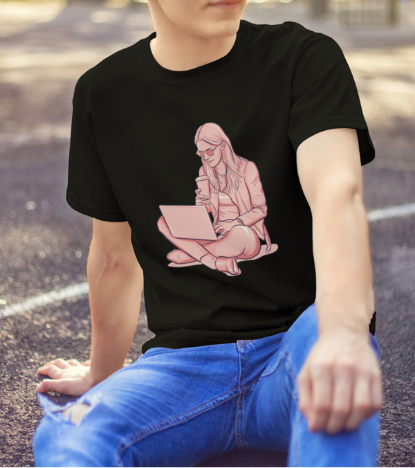 Working Laptop Coffee Break Sitting Woman T-Shirt