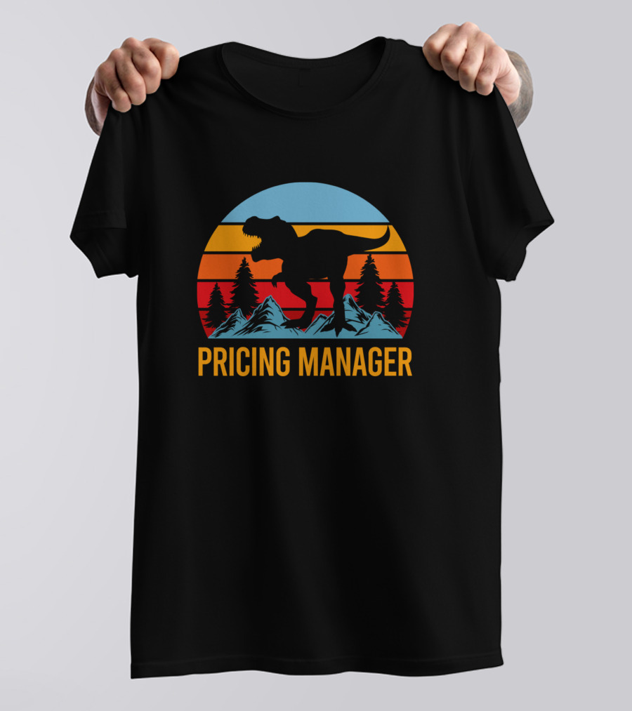 Pricing Manager Dinosaur Silhouette Retro Sunset Scene T-Shirt