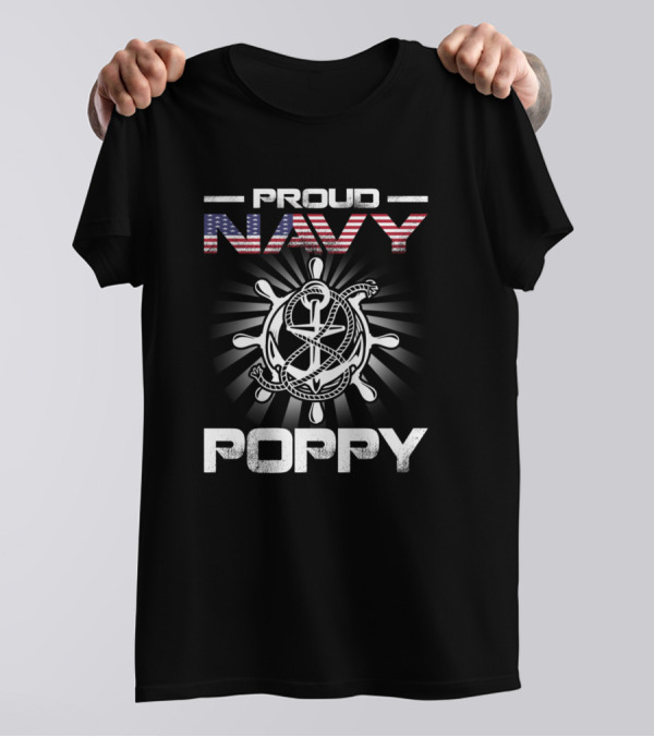 Proud Navy Poppy Nautical Anchor And Ship Wheel American Flag T-Shirt