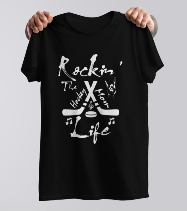 Rockin The Hockey Mom Life With Musical Notes And Guitar Gesture T-Shirt