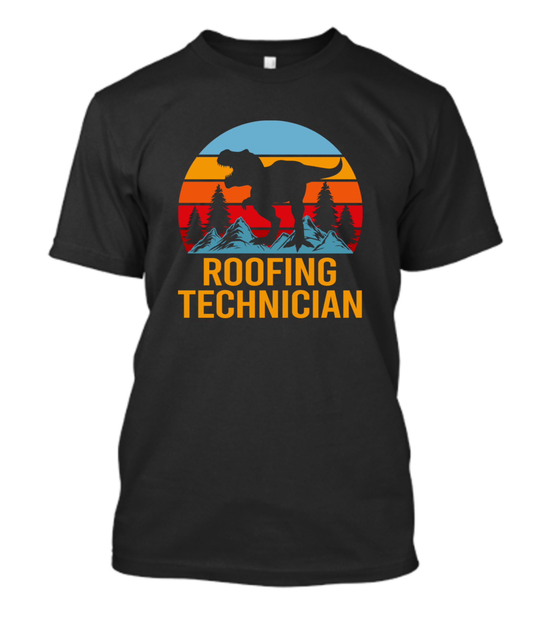 Roofing Technician Dinosaur Silhouette With Retro Sunset And Mountain Scene T-Shirt