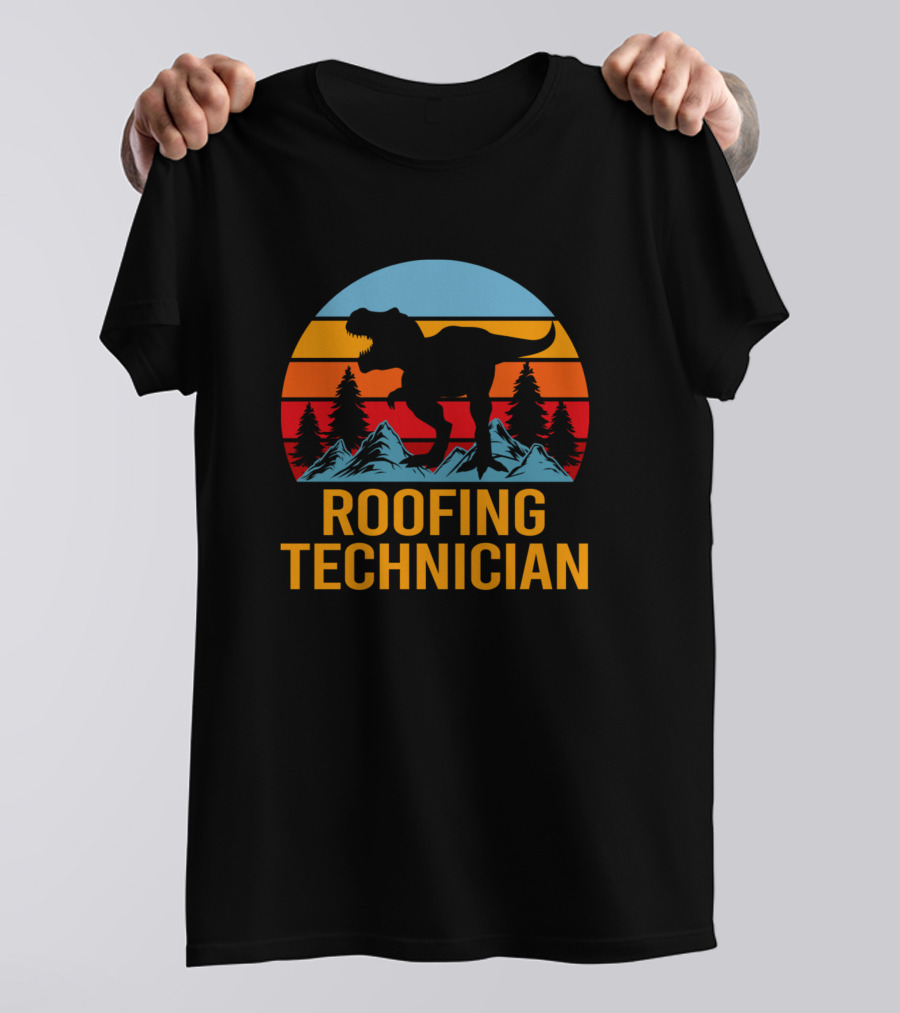 Roofing Technician Dinosaur Silhouette With Retro Sunset And Mountain Scene T-Shirt