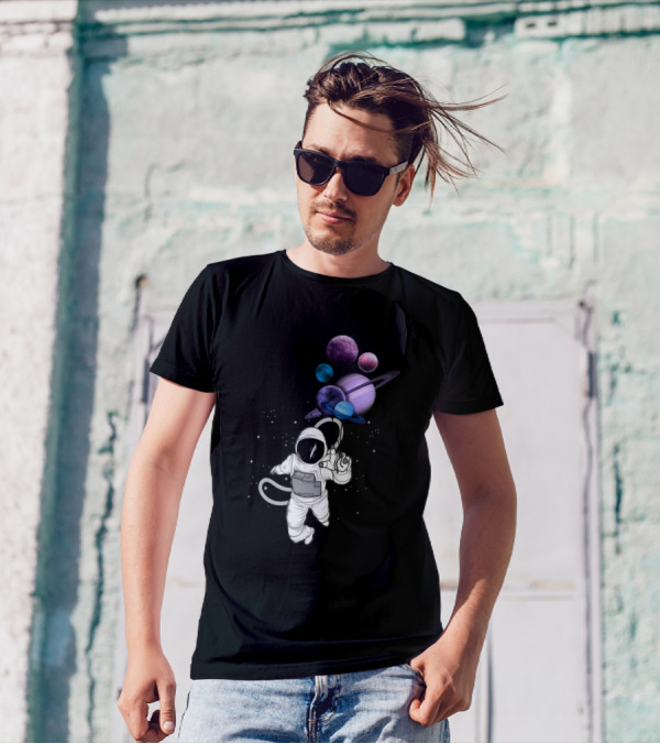 Astronaut Floating With Planet Balloons In Outer Space Fiction T-Shirt