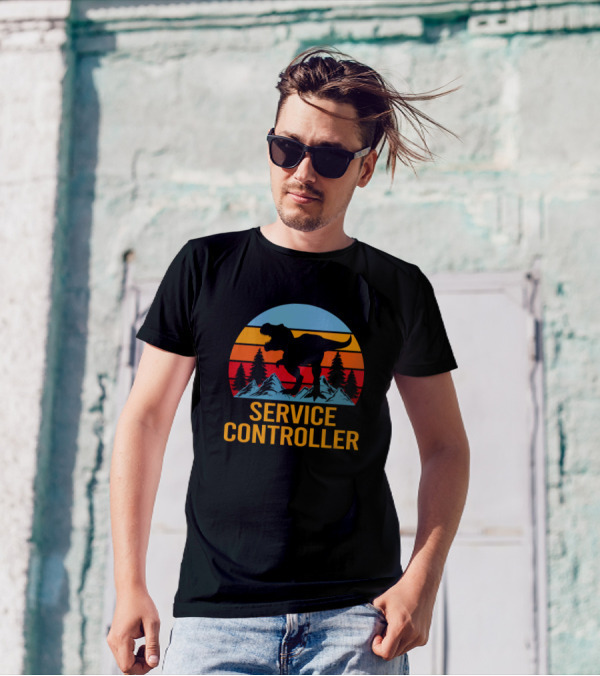 Service Controller Dinosaur Mountains Sunset Retro Scene T-Shirt