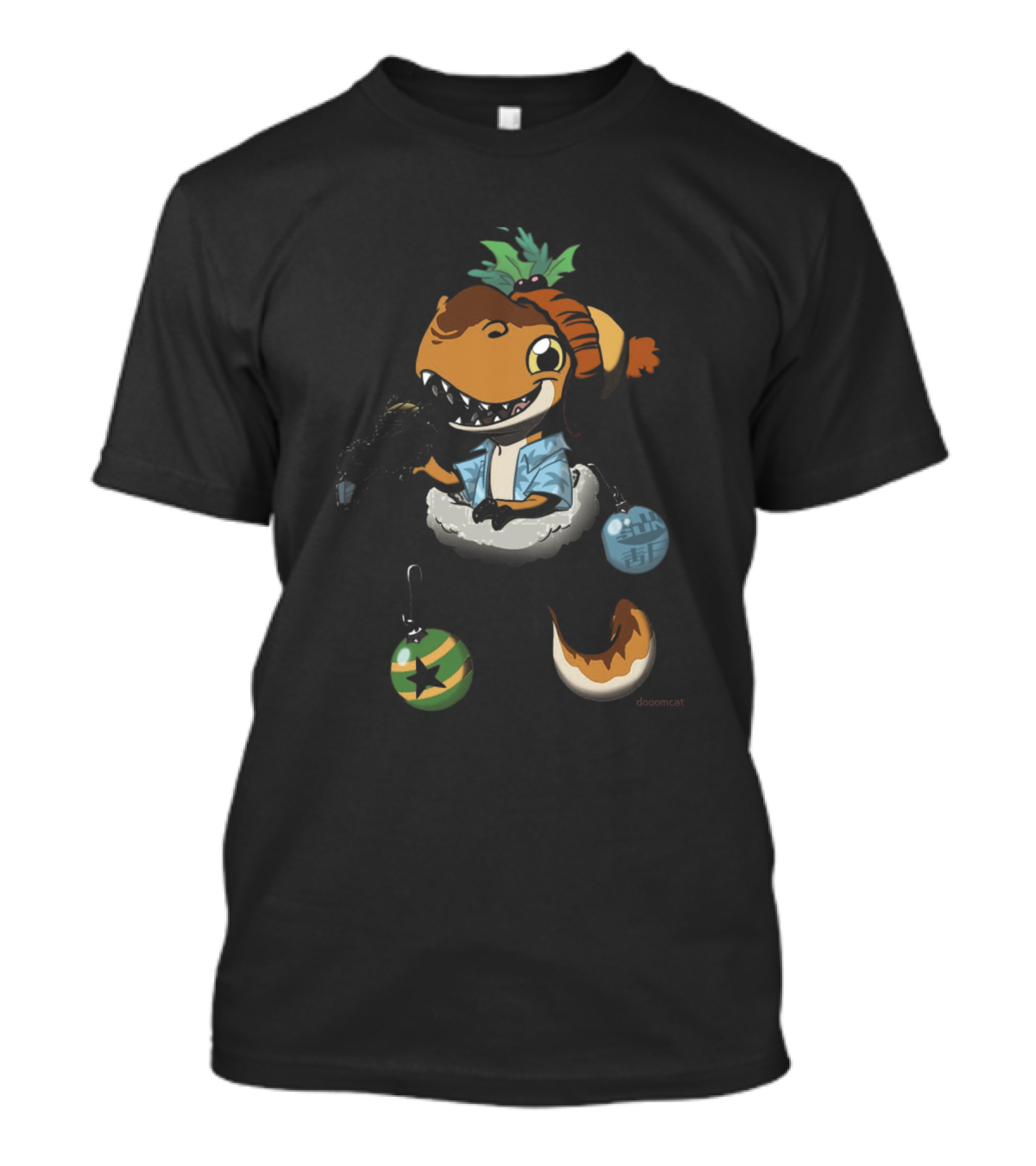 Stocking Stuffer Leafy Dinosaur With Festive Hat And Ornaments By Doomcat T-Shirt