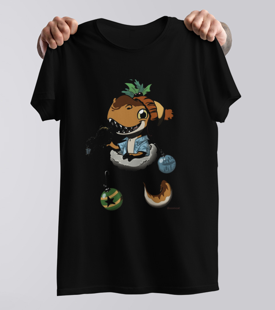 Stocking Stuffer Leafy Dinosaur With Festive Hat And Ornaments By Doomcat T-Shirt