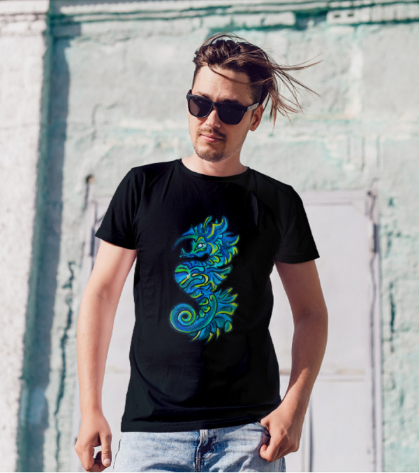 Tribal Seahorse Vibrant Blue And Green T-Shirt