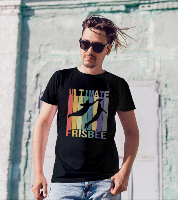 Ultimate Frisbee Player Silhouette Vintage Rainbow Stripes T-Shirt