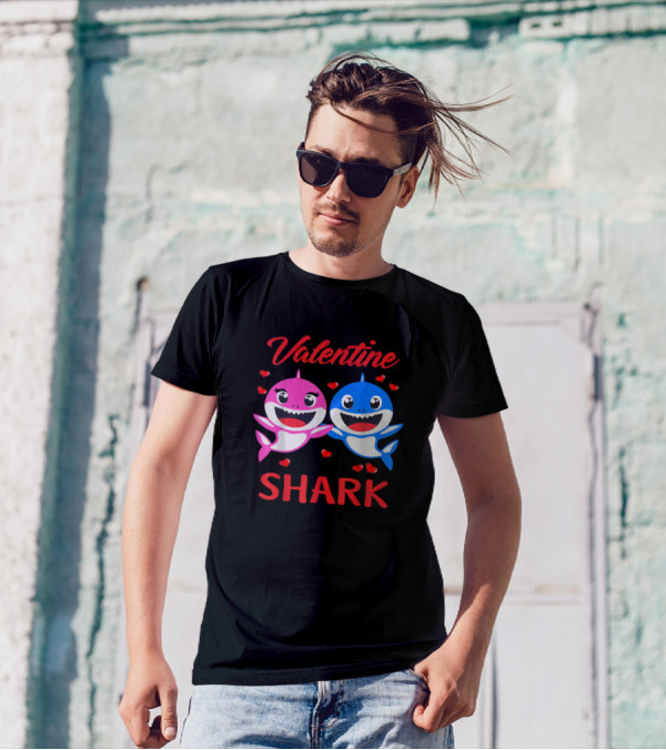 Valentine Shark Cute Couple With Hearts Valentine's Day T-Shirt