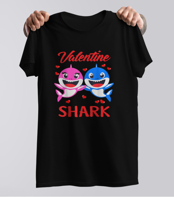 Valentine Shark Cute Couple With Hearts Valentine's Day T-Shirt
