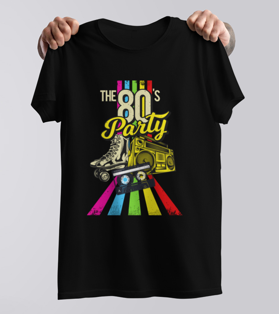 The 80's Party Roller Skates Boombox Cassette Tapes Retro T-Shirt
