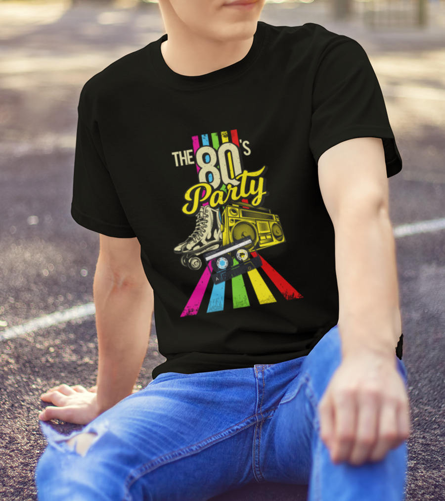 The 80's Party Roller Skates Boombox Cassette Tapes Retro T-Shirt