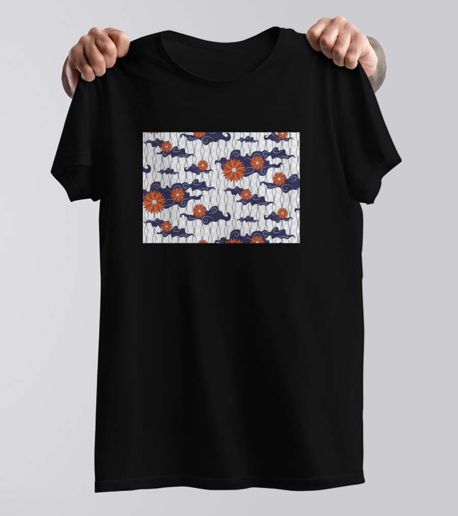 Batik Si Mbok Traditional Pattern With Orange And Blue Floral Motifs T-Shirt