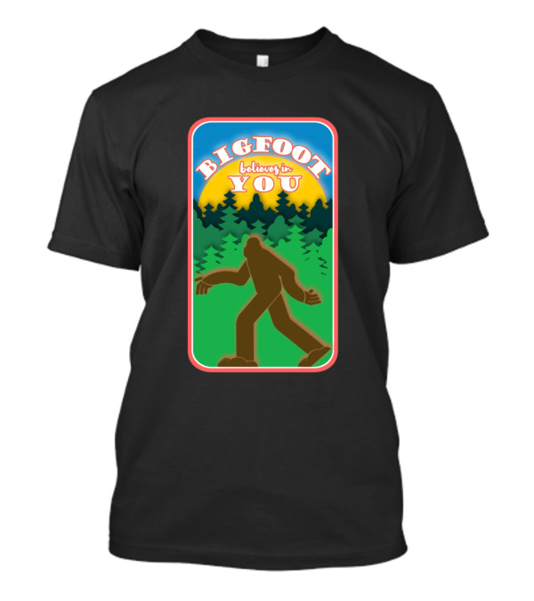 Bigfoot Believes In You Forest Silhouette Sunburst T-Shirt
