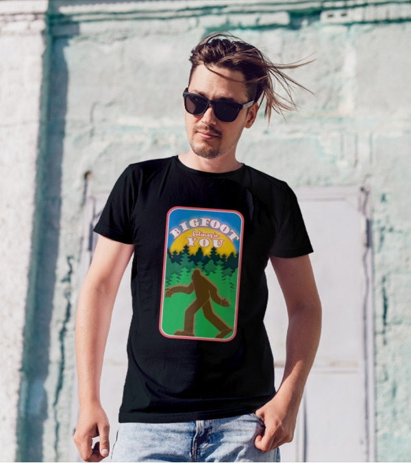 Bigfoot Believes In You Forest Silhouette Sunburst T-Shirt