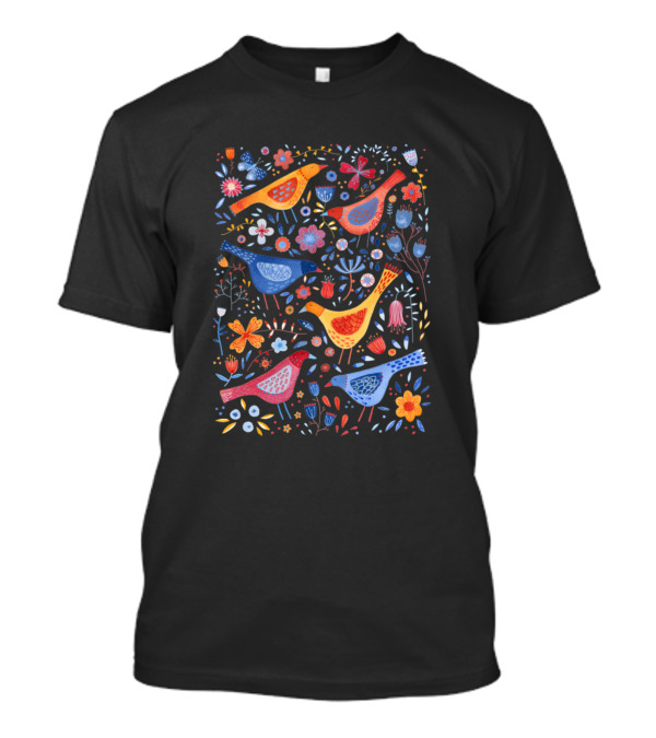 Birds In A Garden Flower With Colorful Floral Patterns And Whimsical Nature Elements T-Shirt