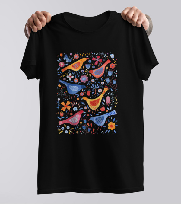 Birds In A Garden Flower With Colorful Floral Patterns And Whimsical Nature Elements T-Shirt