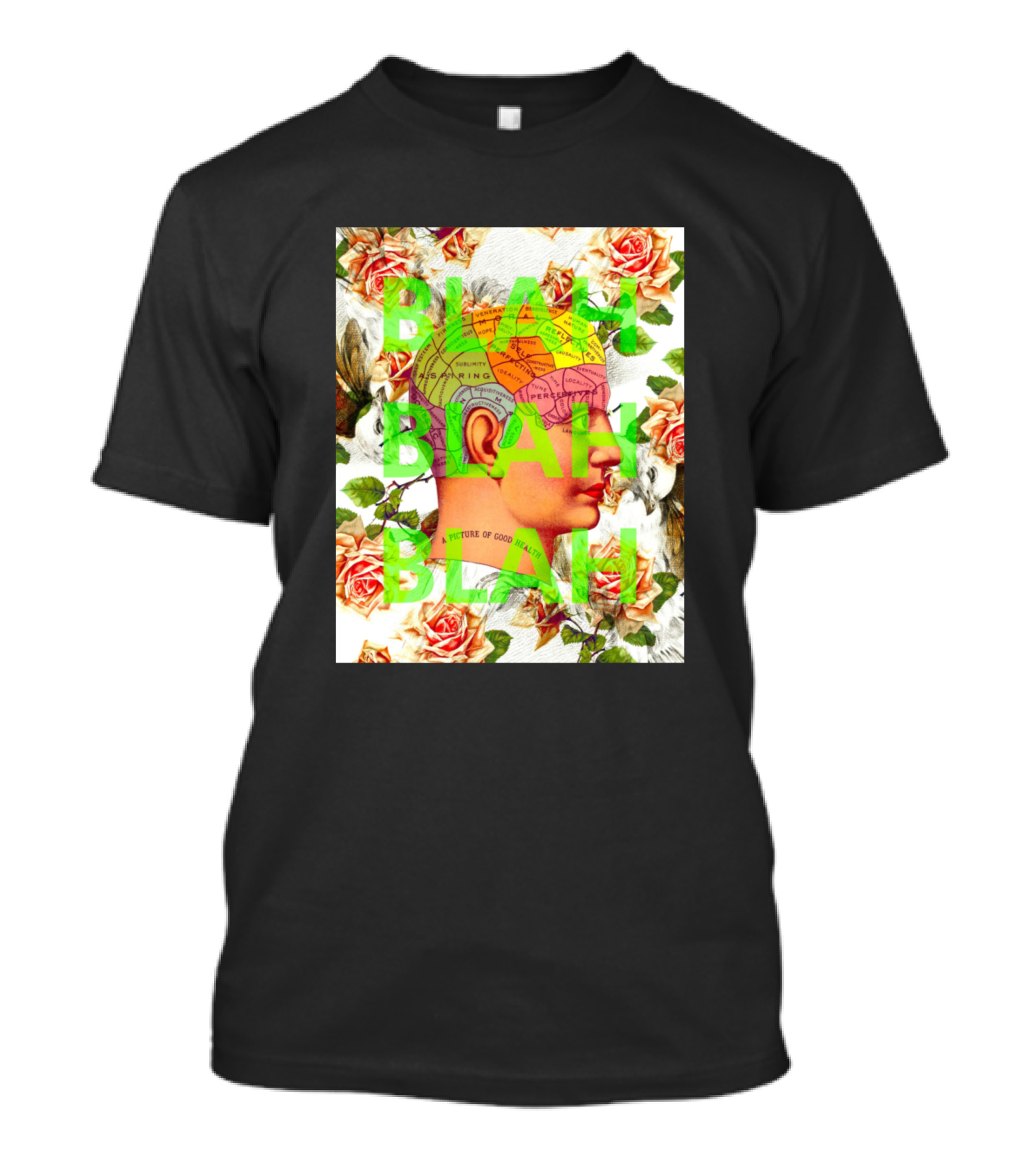 BLAH BLAH BLAH Phrenology Head With Roses And Birds T-Shirt