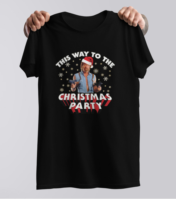 This Way To The Christmas Party With Chuck Norris Santa Hat Snowflakes Guns T-Shirt