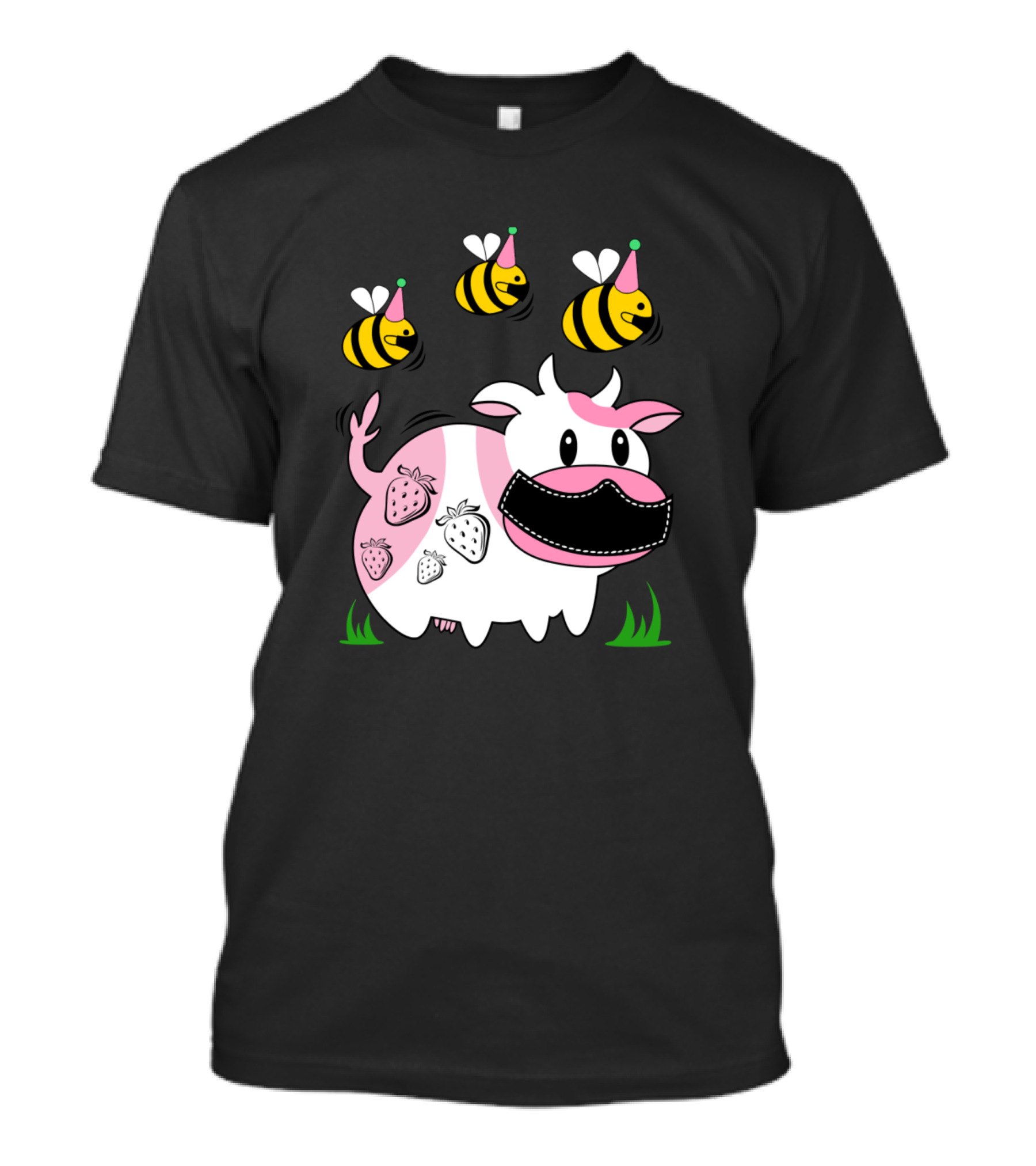 Strawberry Cow And Bees Cute Pink Yellow Anim Cows Party Hats T-Shirt