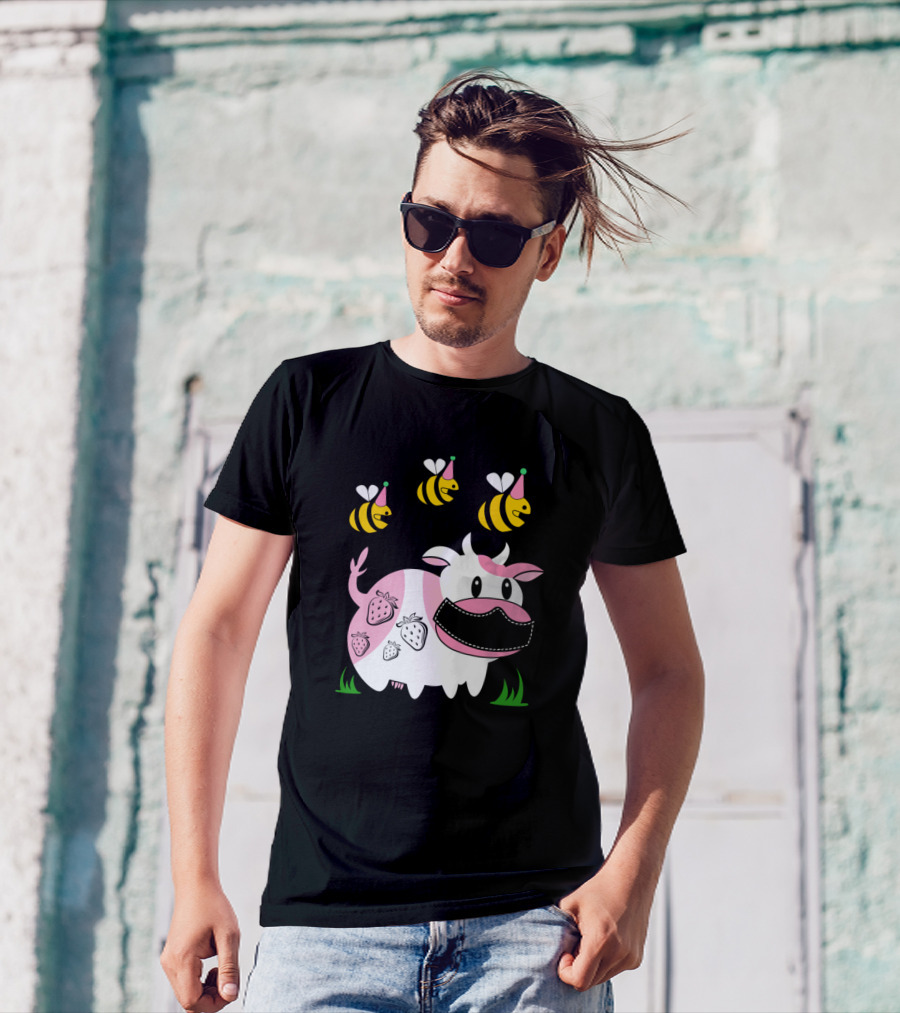 Strawberry Cow And Bees Cute Pink Yellow Anim Cows Party Hats T-Shirt