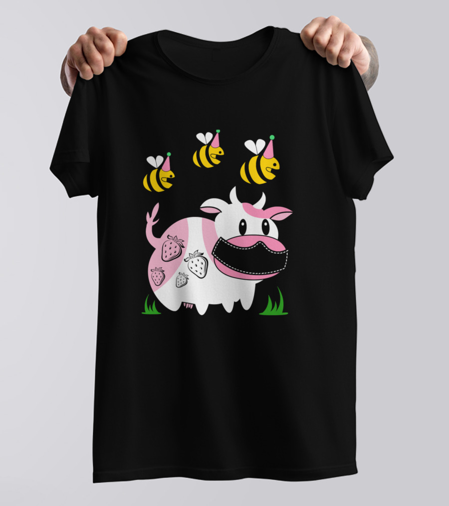 Strawberry Cow And Bees Cute Pink Yellow Anim Cows Party Hats T-Shirt