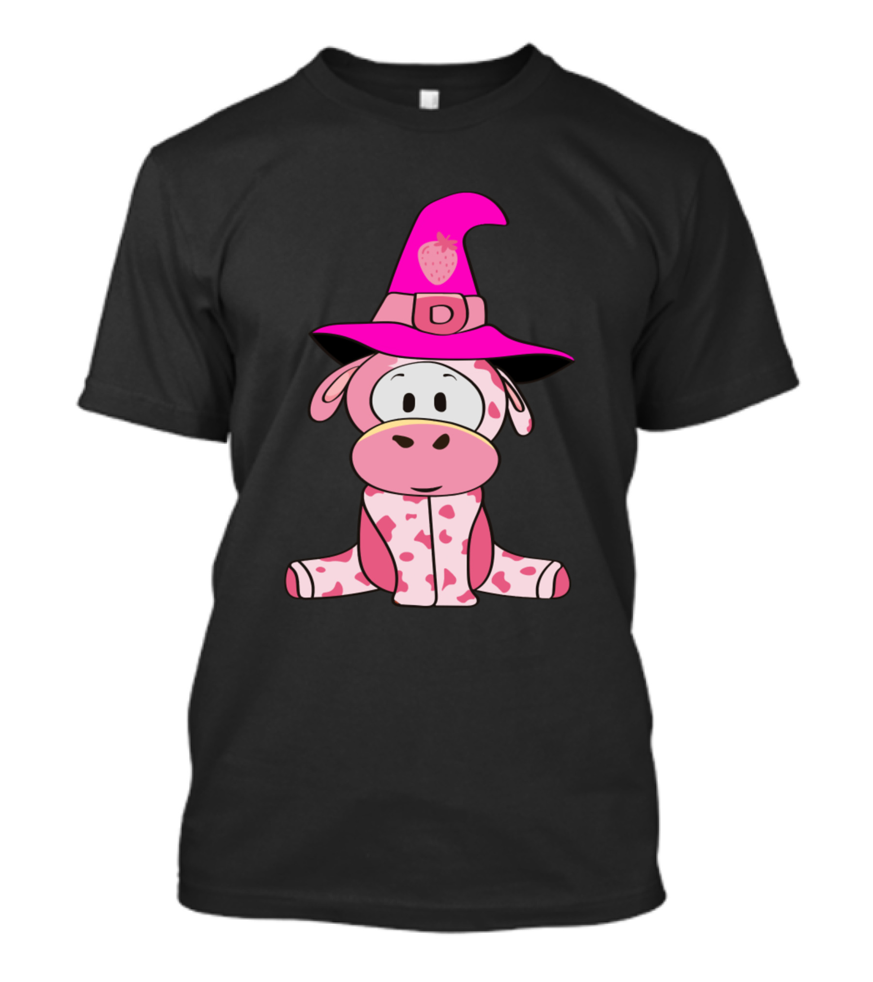 Strawberry Cow In Pink Witch Hat Halloween Costume Farming T-Shirt