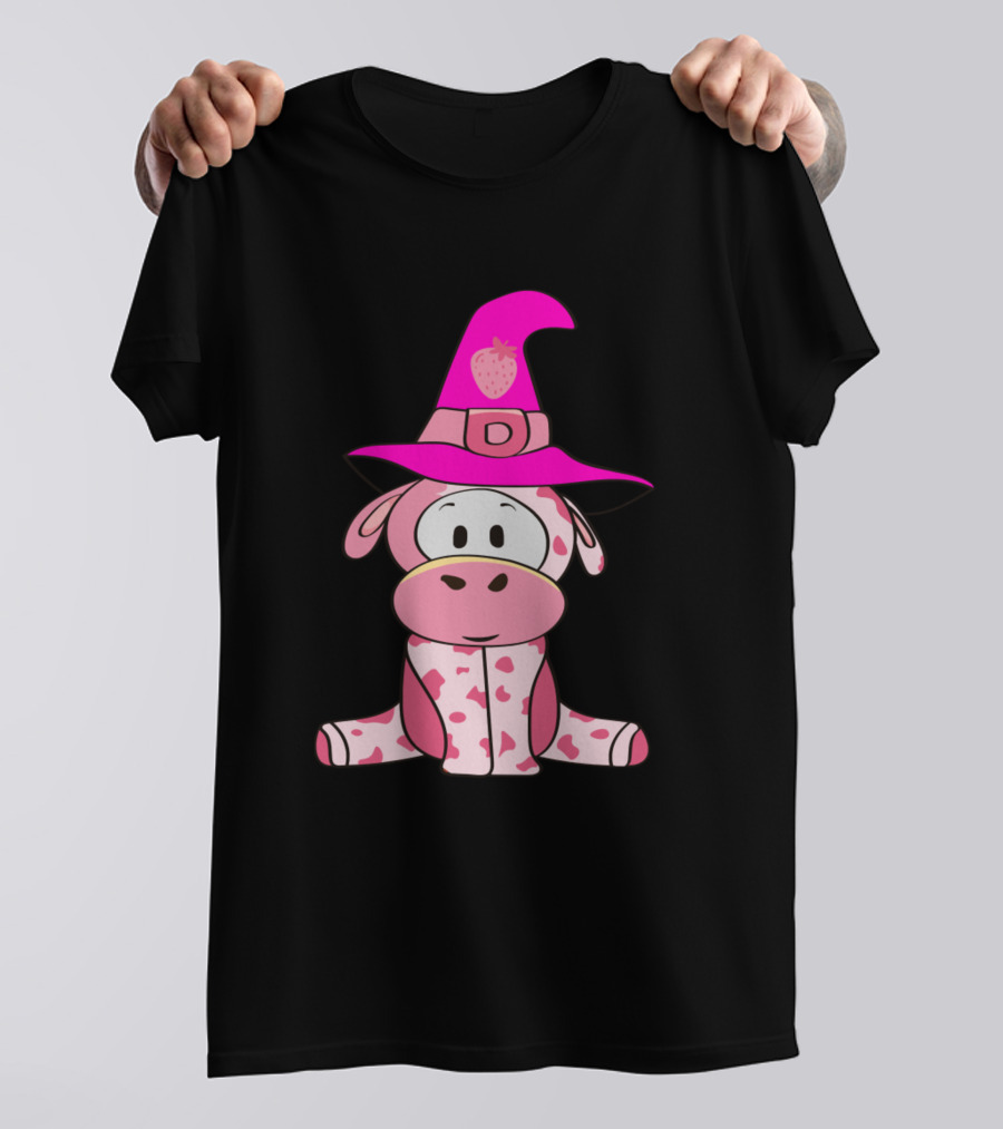Strawberry Cow In Pink Witch Hat Halloween Costume Farming T-Shirt