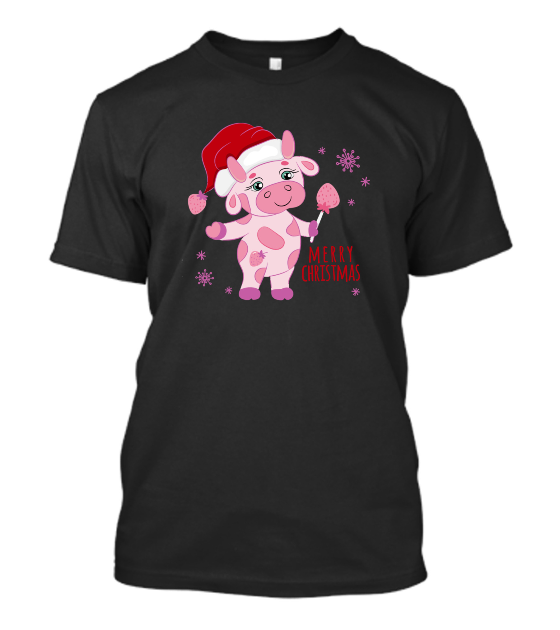 Merry Christmas Strawberry Cow Santa Hat Cute Farming T-Shirt
