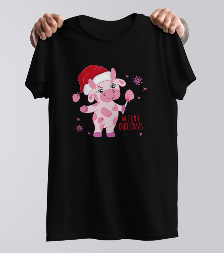 Merry Christmas Strawberry Cow Santa Hat Cute Farming T-Shirt