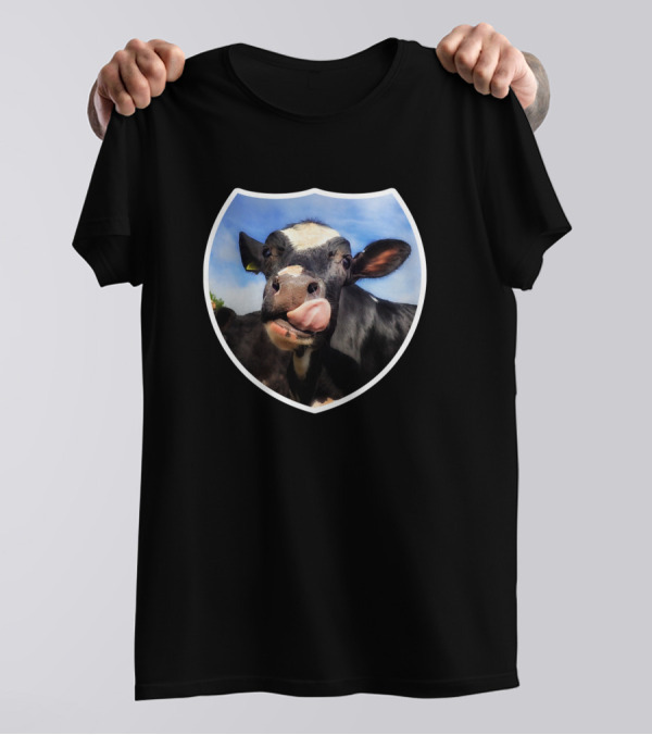 Cows Taste The Summer 215 Farming Cow Licking Lips Shield Badge T-Shirt