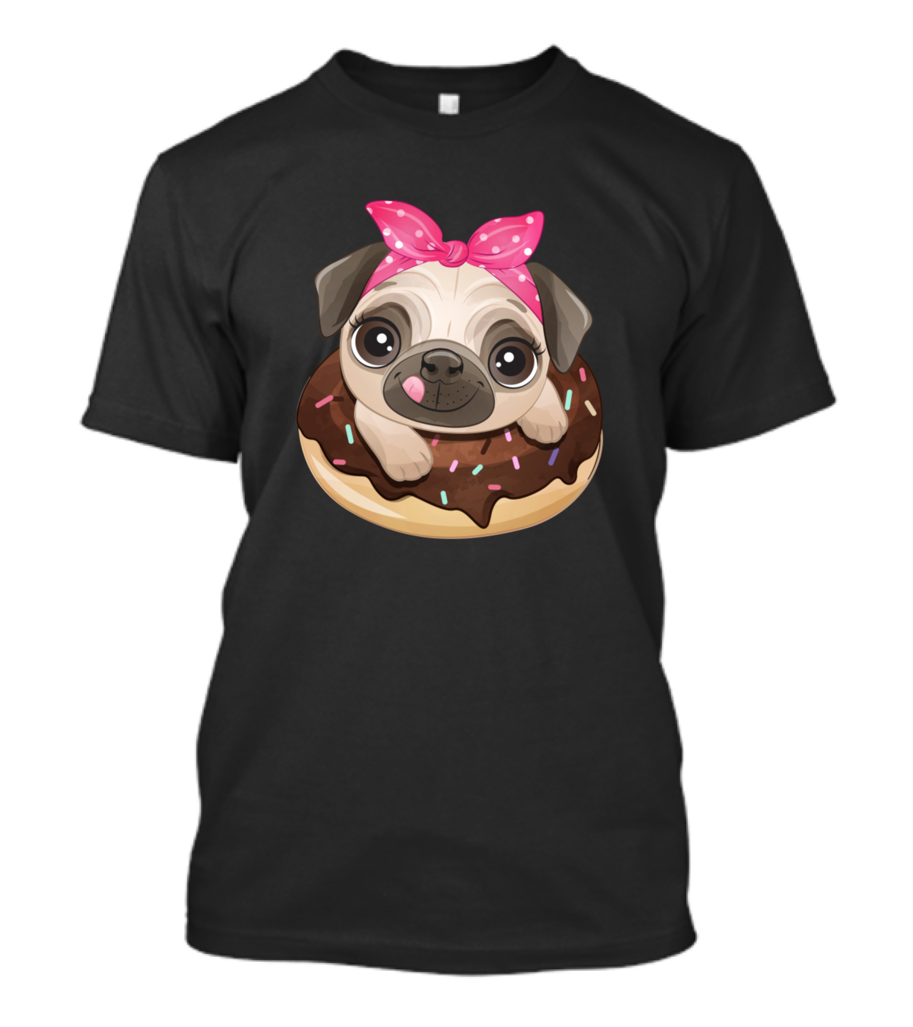 Cute Pug Donut Lover Puppy Dog With Polka Dot Pink Bow T-Shirt