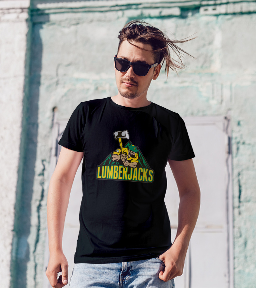 District 7 Lumberjacks Green And Yellow Logo With Axe And Mountain Background T-Shirt