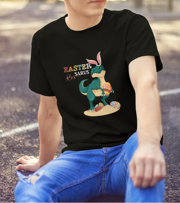 Easter Saurus Rex Dinosaur With Bunny Ears And Basket Of Eggs T-Shirt