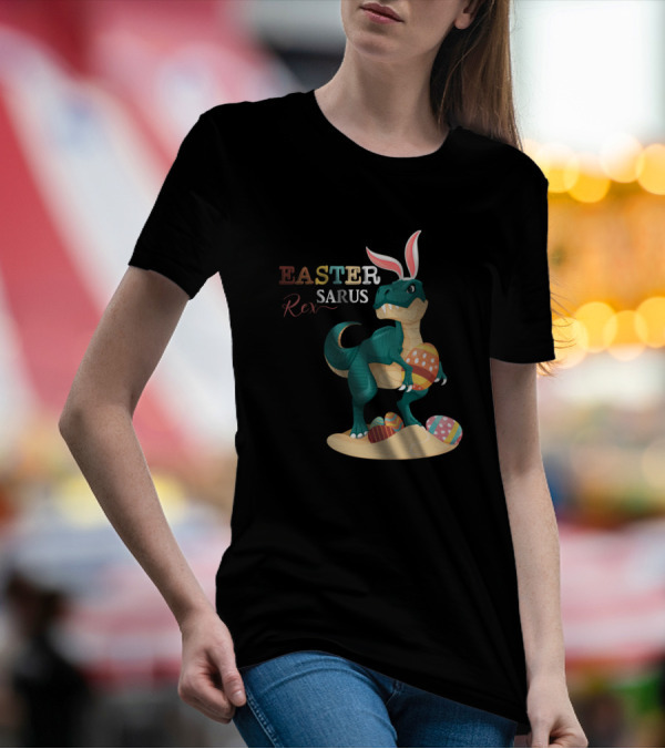 Easter Saurus Rex Dinosaur With Bunny Ears And Basket Of Eggs T-Shirt
