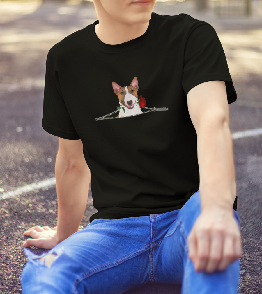 Bull Terrier With Rose In Zipper Pocket T-Shirt