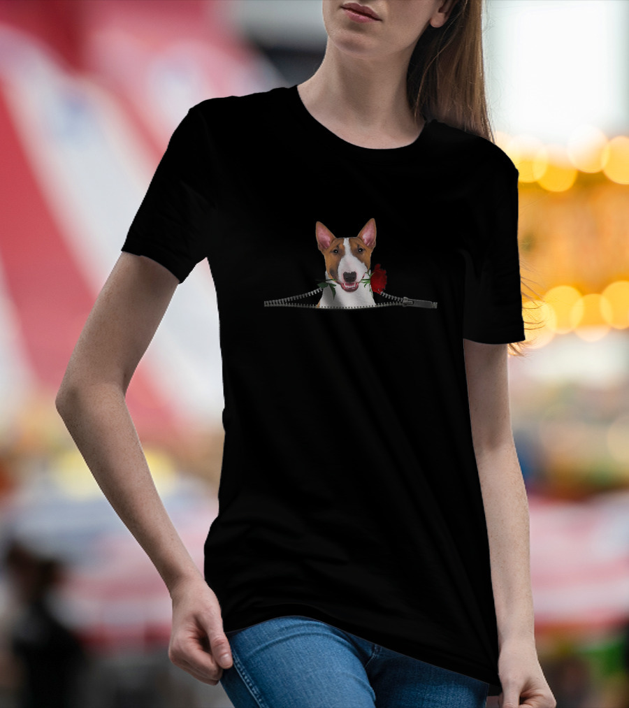 Bull Terrier With Rose In Zipper Pocket T-Shirt