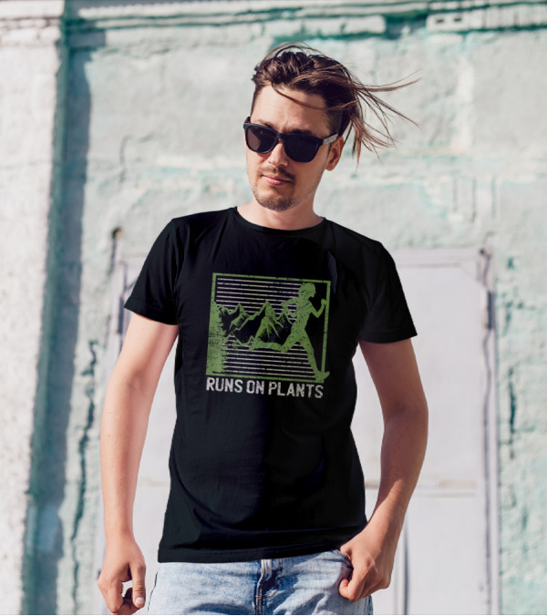 Runs On Plants Funny Vegan Runner With Mountain Gym T-Shirt