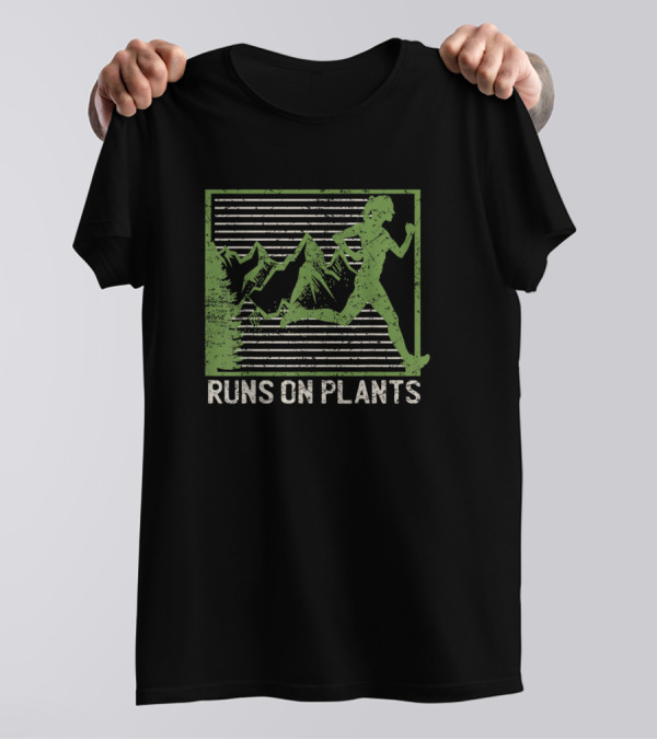 Runs On Plants Funny Vegan Runner With Mountain Gym T-Shirt