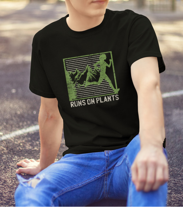 Runs On Plants Funny Vegan Runner With Mountain Gym T-Shirt