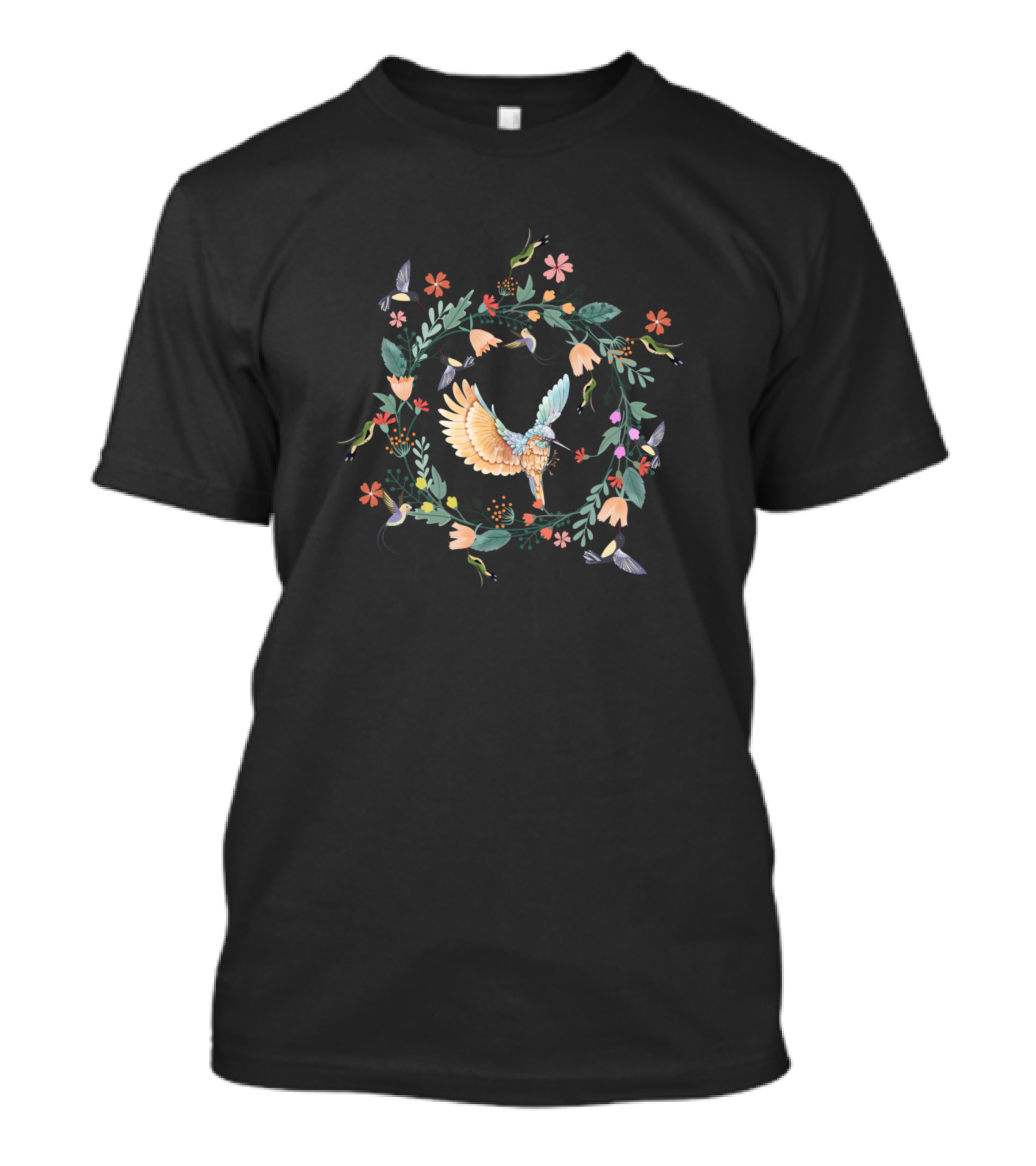 Hummingbird And Flowers Funny Bird Fly Floral Anim Wreath T-Shirt