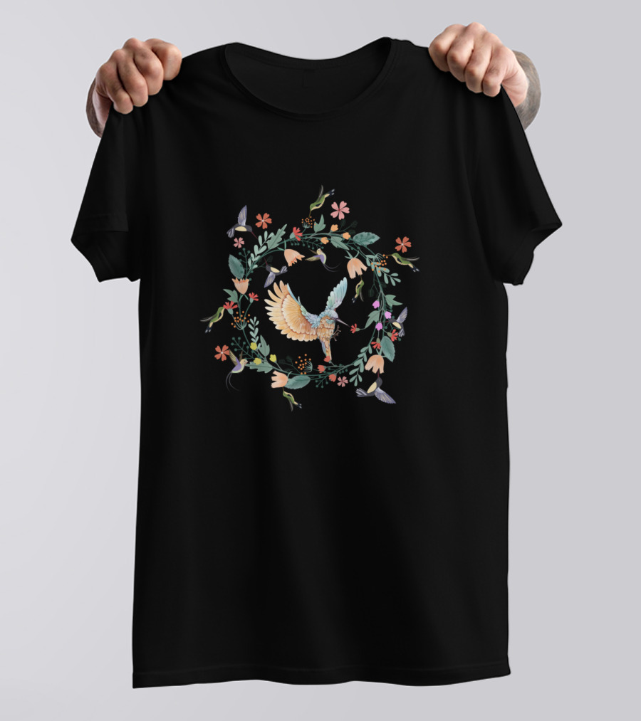 Hummingbird And Flowers Funny Bird Fly Floral Anim Wreath T-Shirt