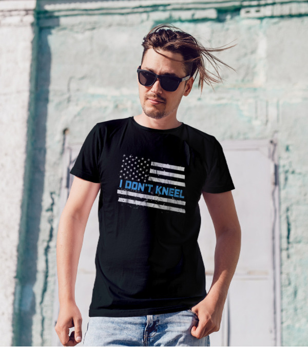 I Don't Kneel Thin Blue Line Police Officer USA Flag T-Shirt